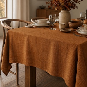 Orange Linen Tablecloth, Cinnamon Rust Burnt Orange Deep Saffron Tablecloth, Washed Linen Dining Table Cover, Wedding Table Decor