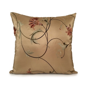 Tan Pillow, Throw Pillow Cover, Decorative Cover, Cushion Cover, Accent Pillow, Silk Pillow, Light Copper, Green, Peach, Floral Embroidery