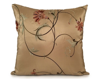 Tan Pillow, Throw Pillow Cover, Decorative Cover, Cushion Cover, Accent Pillow, Silk Pillow, Light Copper, Green, Peach, Floral Embroidery