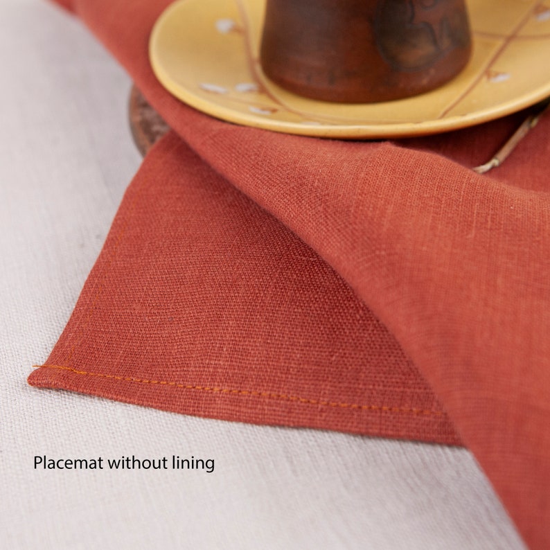 May include: A close-up of a rust-colored placemat with a stitched edge. The placemat is made of a woven fabric and is lying flat on a white surface. "Placemat without lining" is written in black text at the bottom of the image.