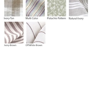 May include: Six fabric swatches in different patterns and colors. The swatches are arranged in two rows of three. The top row includes a tan and ivory plaid, a multi-colored striped fabric, and a green fabric with a white floral pattern. The bottom row includes a brown and ivory striped fabric, a white and brown striped fabric, and an empty space.