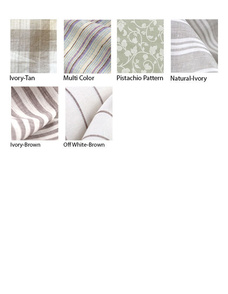 May include: Six fabric swatches in different patterns and colors. The swatches are arranged in two rows of three. The top row includes a tan and ivory plaid, a multi-colored striped fabric, and a green fabric with a white floral pattern. The bottom row includes a brown and ivory striped fabric, a white and brown striped fabric, and an empty space.