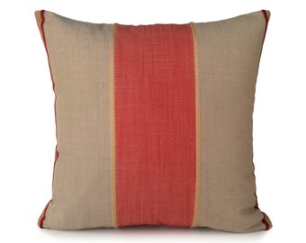 100% Linen Stripe Pillow, Beige/Coral/Gold Pillow Cover, Decorative Throw Pillow, Farmhouse Cushion Cover, Designer Pillow, Striped pillow