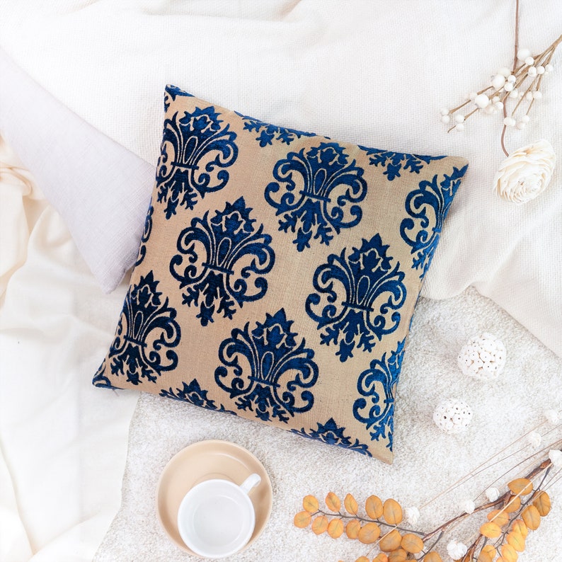 Royal blue tan decorative throw pillow cover, velour blend cushion covers, accent boutique pillowcase, floral pattern boho farmhouse pillow image 2