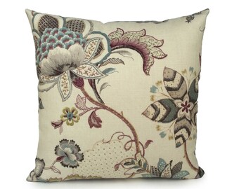 Beige Floral Pattern Richloom Designer Pillow, Linen Pillow Cover, Decorative Pillow Covers, Trendy Farmhouse Designer Pillow, Trendy Pillow