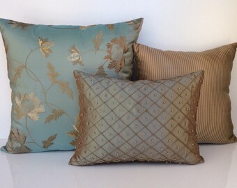 Olivgrün, beige gestreift und Petrol Seide mit Blumen Stickerei dekorative Kissen decken Set von drei, 20 "x 20", 16 "x 16", 12 "x 16", Kissenbezug