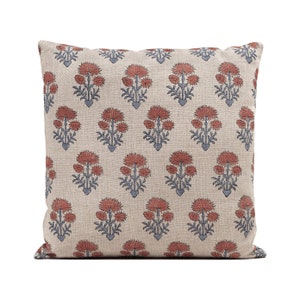 Bastideaux laurette in coral dust/lapis linen decorative pillow cover, boho designer farmhouse throw pillowcase, trendy floral cushion cover