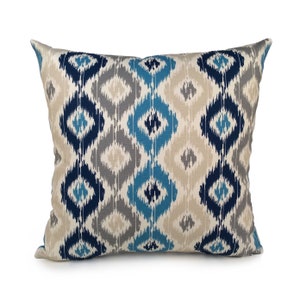 Cotton Blue Beige Pattern Pillow, Richloom Designer Fabric Pillow, Ikat Print Fabric, Farmhouse Designer Pillow, Home Decor.