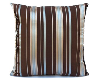 Brown/sky blue Decorative Throw Pillow Cover,  Farmhouse Cushion Cover, Accent Pillowcase, Satin Blend Striped Pillow, Boho modern pillow