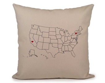 Long Distance Relationship Pillow, Custom US Map Pillow Cover, States Wedding Gift, Personalized gift, gift for couple, Map Christmas Gift
