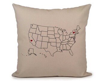 Long Distance Relationship Pillow, Custom US Map Pillow Cover, States Wedding Gift, Personalized gift, gift for couple, Map Christmas Gift