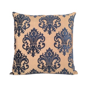 Royal blue tan decorative throw pillow cover, velour blend cushion covers, accent boutique pillowcase, floral pattern boho farmhouse pillow image 1