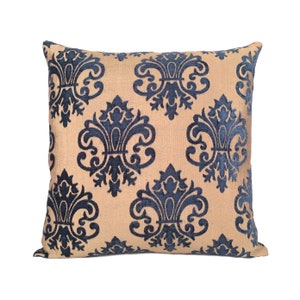 Royal blue tan decorative throw pillow cover, velour blend cushion covers, accent boutique pillowcase, floral pattern boho farmhouse pillow