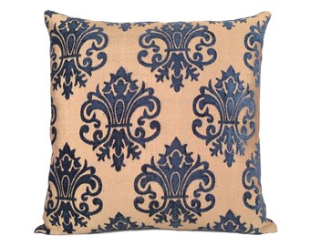 Royal blue tan decorative throw pillow cover, velour blend cushion covers, accent boutique pillowcase, floral pattern boho farmhouse pillow