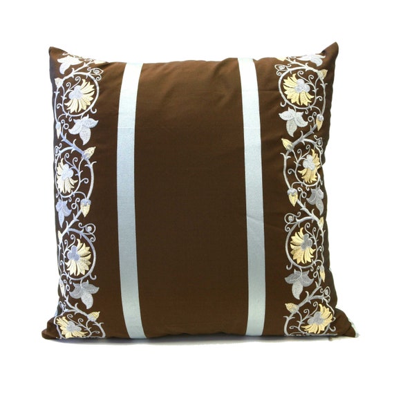 Blue Brown Throw Pillow Cover Embroidered Farmhouse Decorative 