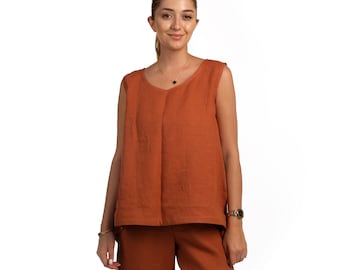 Classic Linen Top with Back Design, Linen top handmade clothing for women, natural flax linen top, 100% linen blouse, round neck linen top