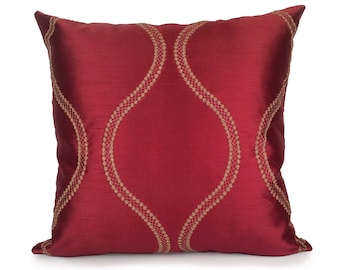 Red and Gold Pillow, Throw Pillow Cover, Decorative Pillow Cover, Cushion Cover, Accent Pillow, Pillow Sham, Silk Blend, Embroidered Pillow.