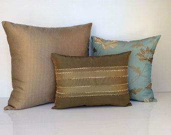 Dark Olive Green/Tan Striped/Teal Seide mit Blume Stickerei dekorativen Throw Katz Kissen-Cover Set von Three,20"x20",16"x16",12"x16", Kissen-Set