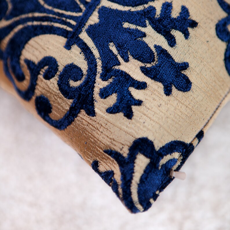 Royal blue tan decorative throw pillow cover, velour blend cushion covers, accent boutique pillowcase, floral pattern boho farmhouse pillow image 5