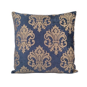 Royal blue tan decorative throw pillow cover, velour blend cushion covers, accent boutique pillowcase, floral pattern boho farmhouse pillow