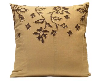 Mustard Yellow and Brown Pillow, Throw Pillow Cover, Decorative Pillow Cover, Cushion Cover, Accent Pillow, Linen, Floral Pillow, 17"x17"