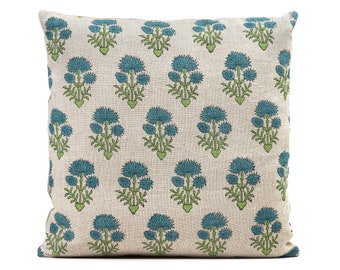 Bastideaux laurette lagoon/spring turquoise Linen Pillowcase, designer high end throw pillows for couch, blue green floral cushion covers