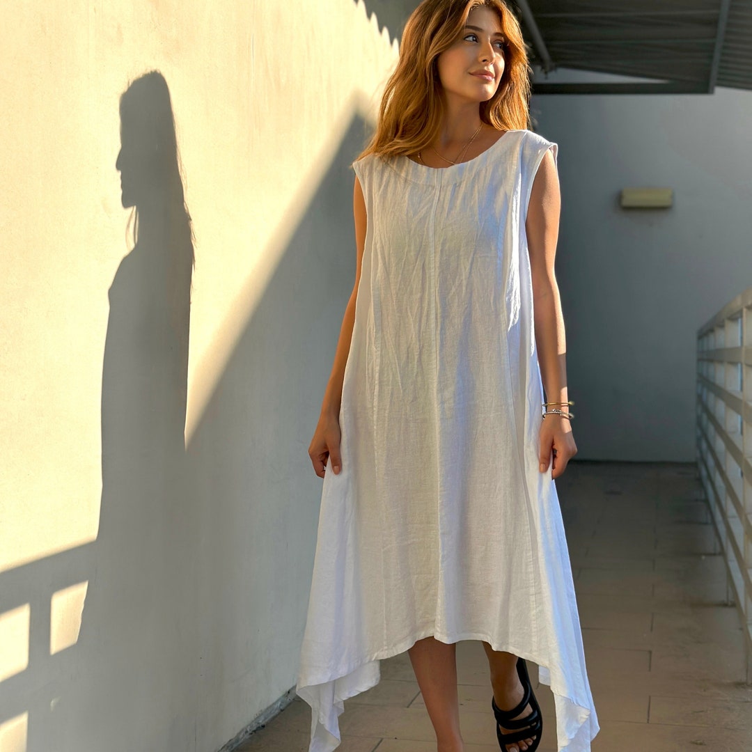 White Linen Summer Dress, Plus Size Linen Dress, Handmade Clothing for Women, Asymmetrical Natural Linen Dress, Organic Modern Linen Dresses