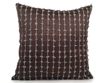 Dark Brown Pillow, Decorative Throw Pillow Cover, Cushion Covers, Accent Pillowcase, Linen Blend Pillow, Teal Velour Detailed, 12"x18" size.