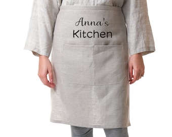 Personalized Linen half apron with pockets for women and men, custom waist apron with pockets, customized server apron,