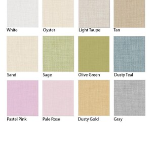 May include: A color chart featuring twelve square swatches with a linen-like texture. The colors are labeled White, Oyster, Light Taupe, Tan, Sand, Sage, Olive Green, Dusty Teal, Pastel Pink, Pale Rose, Dusty Gold, and Gray in a grid layout.