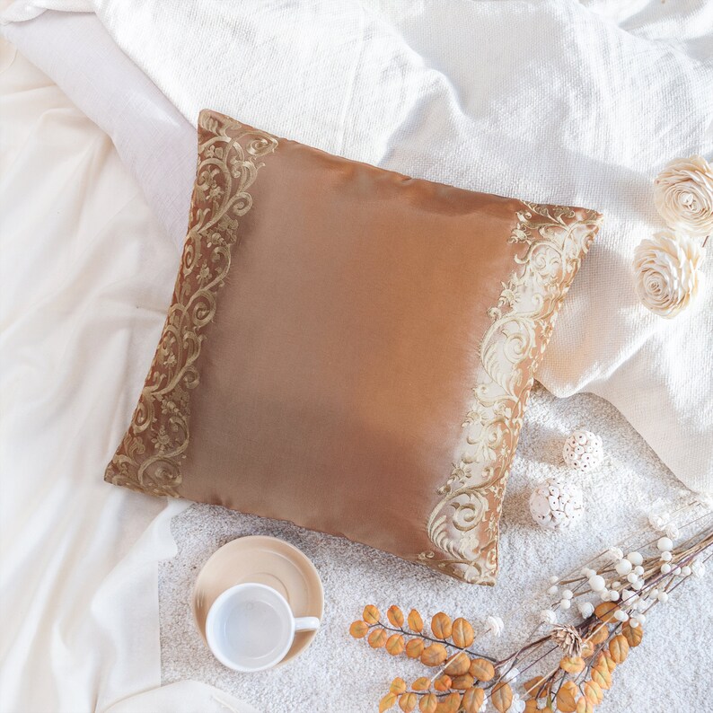 Caramel Decorative Throw Pillow Cover Tan Gold Embroidered Etsy