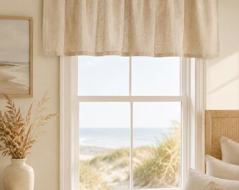 Neutral european flax linen valance, farmhouse boho window valance, solid cafe curtains, natural linen rod pocket kitchen window treatments