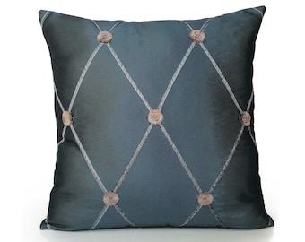 Light Charcoal Decorative Throw Pillow Cover, Cushion Covers, Accent Pillows, Silk Blend, Silver and Tan crosshatch Embroidered Pillowcase.