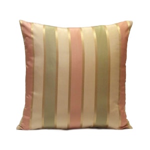 Beige Pillow, Throw Pillow Cover, Decorative Pillow Cover, Cushion Cover, Pillowcase, Accent Pillow, Silk Blend, Salmon Pink & Green Stripes
