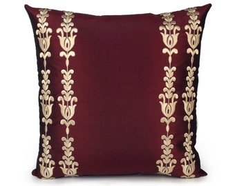 Burgundy Pillow, decorative boutique throw pillow covers, Cushion Cover, boho accent pillows, 100% Silk pillow, floral embroidered pillow