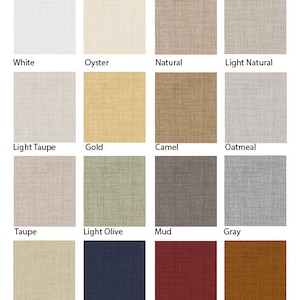May include: Color chart showing 14 different fabric swatches. The swatches are arranged in four rows of three, with the names of each color printed below the swatches. The colors include white, oyster, natural, light natural, light taupe, gold, camel, oatmeal, taupe, light olive, mud, gray, khaki, navy, wine, and cinnamon.