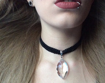 Kristall-Halskette, Kronleuchter-Halsband, Kristall-Tropfen-Anhänger, schwarzes Spitzen-Halsband, Weihnachtsgeschenk, für sie, Mutter, Freundin, Ehefrau, Teenager