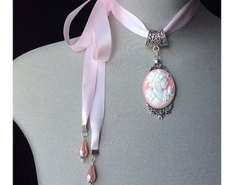 Pink cameo choker, Victorian necklace, cameo necklace, vintage cameo, silver antique cameo, bridal cameo, bridal jewelry, brides accessories