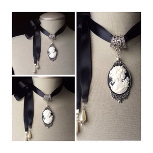 Black and white cameo, lady cameo pendant, vintage cameo, wedding cameo choker, cameo jewelry, Victorian, antique, silver, french cameo teen