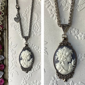 Cameo gris perla, colgante de plata antigua, encanto de corazón barroco, joyería de cameo, regalo del día de la madre, regalo para mamá, vintage, victoriano, romántico imagen 2