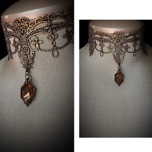 Antike goldene Spitze, Choker, komplizierte Spitze, verstellbar, taupe Kristall, Gold Braut Choker, Vintage, romantisch, Gothic, Abschlussballschmuck, Goth