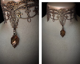 Antique gold lace, choker, intricate lace, adjustable, taupe crystal, gold bridal choker, vintage, romantic, gothic, prom jewelry, goth