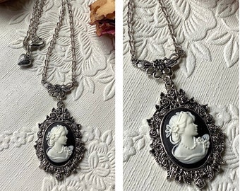 Lady cameo necklace, Christmas for her, Birthday gift, teen, girlfriend, daughter, Renaissance cameo, black and white cameo, vintage antique