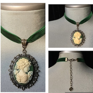 Vintage green choker, Victorian green necklace, Green velvet choker, antique green cameo, lady cameo jewelry, Parisian jewelry, gift for her