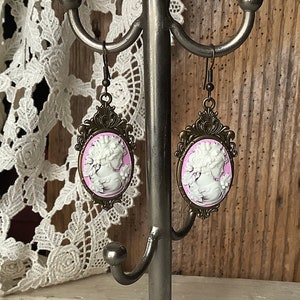 Cameo earrings, cameo, pink cameo earrings, cameo jewelry, earrings, pink, Victorian, vintage, wedding earrings, romantic, dangle, Christmas