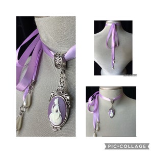 Lavender necklace, wedding necklace, art nouveau, lilac necklace, vintage cameo jewelry, purple ribbon choker, Valentine's Day's gift, teen