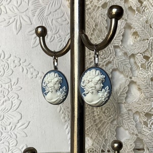 Earrings for Mom, Mother&#39;s Day gift, blue cameo earrings, Victorian earrings, cameo jewelry, vintage jewelry, cameo earrings, gift for her