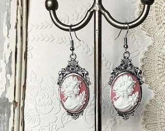 Pink earrings, cameo earrings, cameo, pink, cameo jewelry, Victorian earrings, drop earrings, antique silver, Mother's Day gift, teen gift