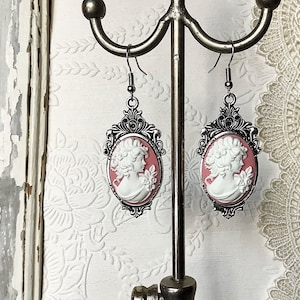 Pink earrings, cameo earrings, cameo, pink, cameo jewelry, Victorian earrings, drop earrings, antique silver, Mother&#39;s Day gift, teen gift