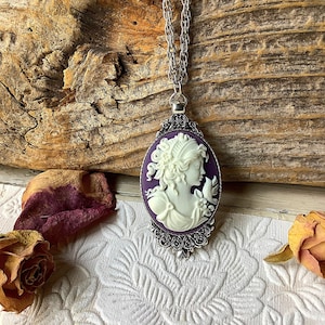Lady cameo necklace, victorian cameo, purple cameo jewelry, violet cameo, lavender, antique, vintage, plum cameo, portrait cameo, gothic